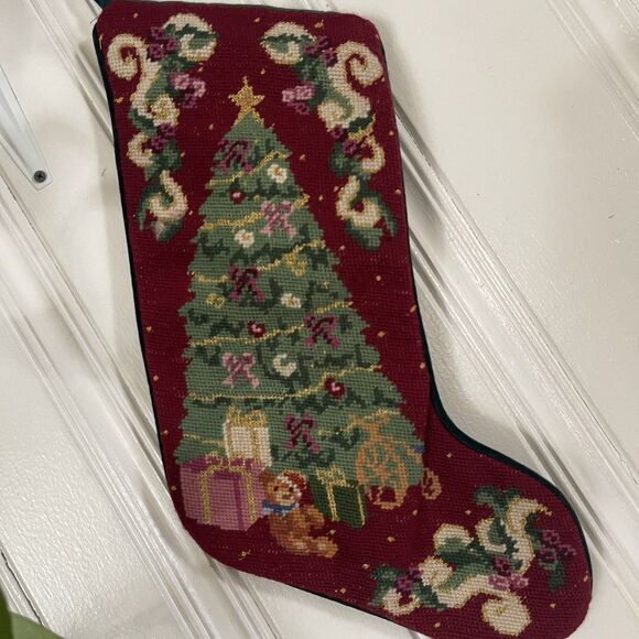 Vtg Red Green Needlepoint Christmas Stocking Wool Embroidery Gift Bear Tree - Picture 2 of 5